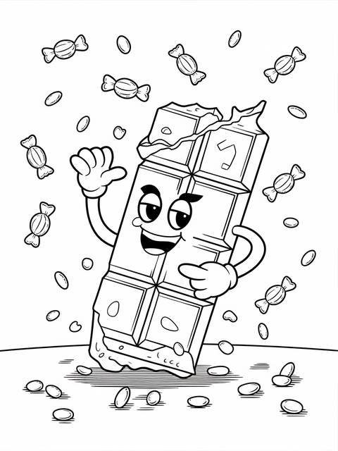 A smiling chocolate bar character with candy and sweets, a coloring page