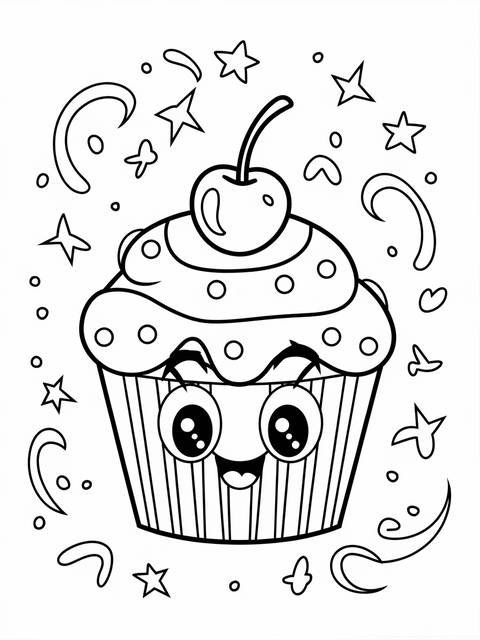A cute cupcake with frosting and a cherry, perfect for a coloring page