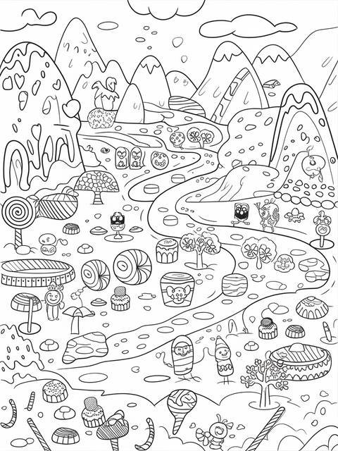 Black and white coloring page of a magical candy land scene filled with sweets