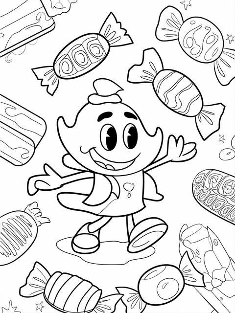 Line drawing of a character surrounded by various candies, reminiscent of a nostalgic wrapper