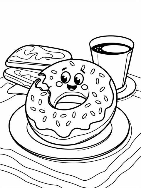 Playful donut character with a bite taken out, alongside pastries and coffee
