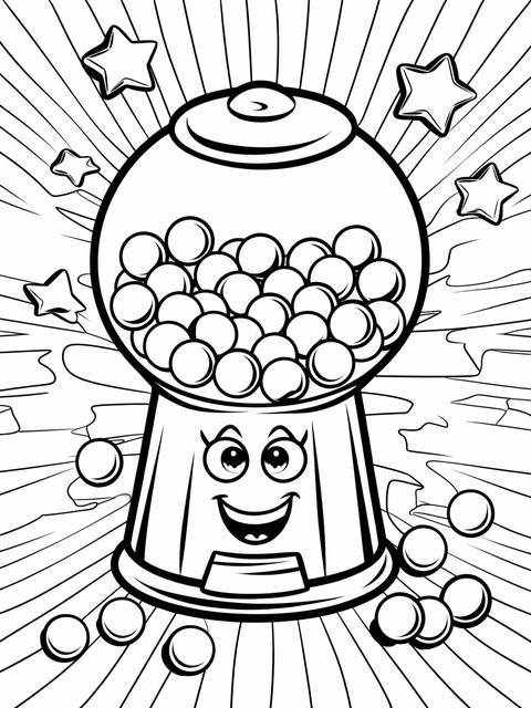 Black and white coloring page of a quirky gumball machine with gum and stars