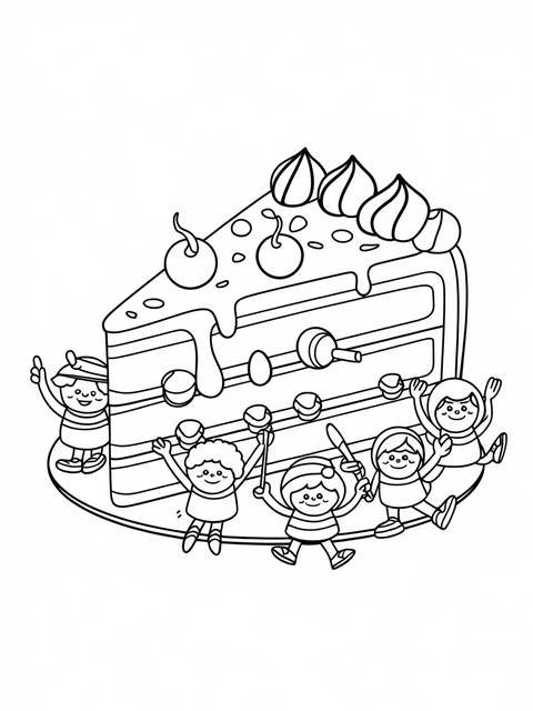 A slice of layered cake with children, a coloring page of sweets