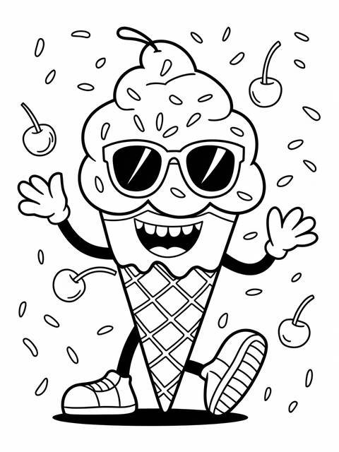 Whimsical ice cream cone character wearing sunglasses, cherries, and sneakers; sweets cover art
