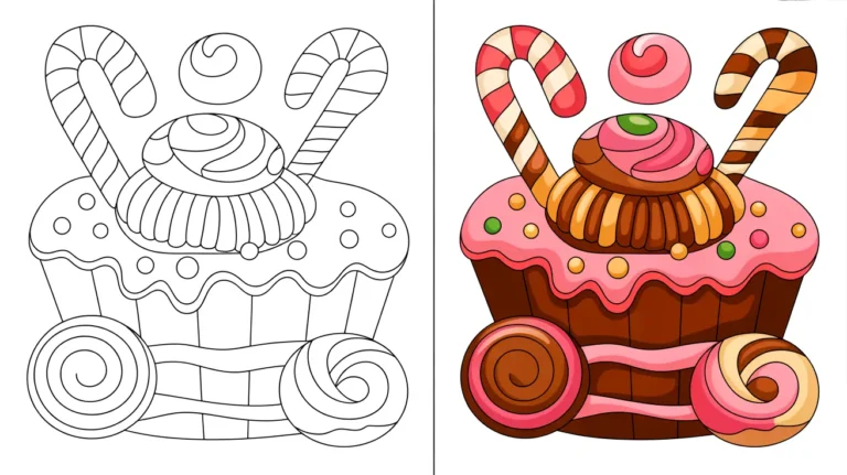 Sweets coloring page: a cupcake with candy canes and swirls, ready to be colored
