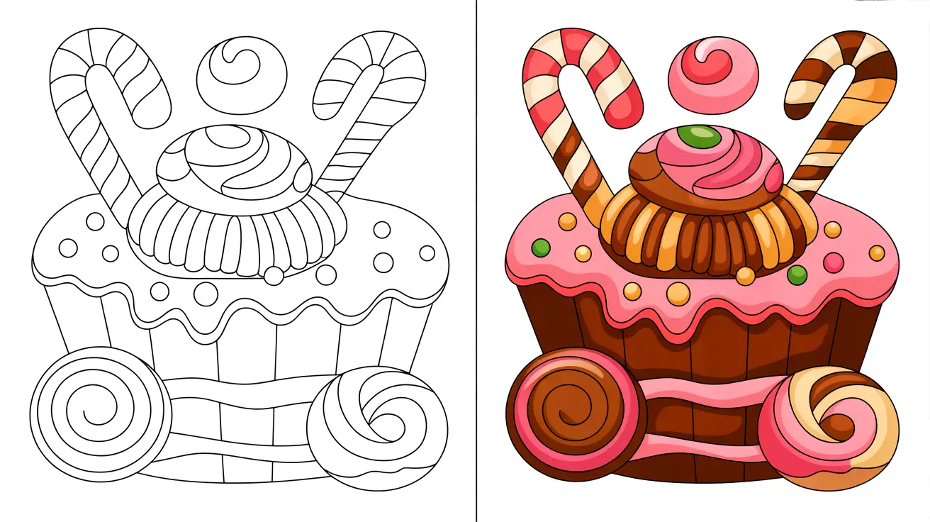 Sweets coloring page: a cupcake with candy canes and swirls, ready to be colored