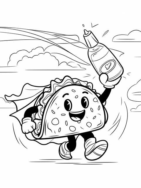 A cute taco bell taco character holding a bottle, running with a cape