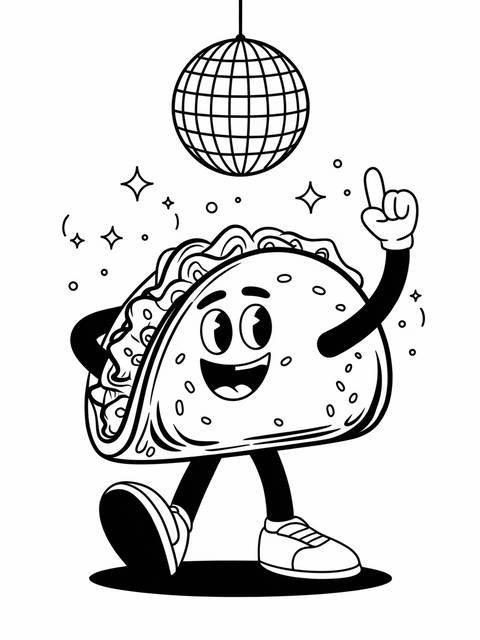 A cartoon taco bell taco character dancing under a disco ball, pointing upward