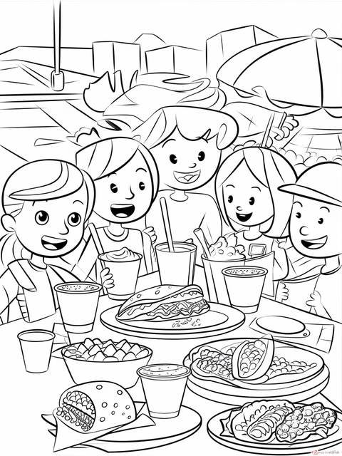 Happy kids enjoying a taco bell meal, a coloring page illustration