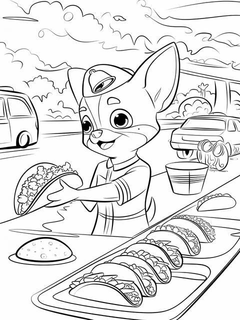 Coloring page of a playful chihuahua in a taco bell setting, holding a taco