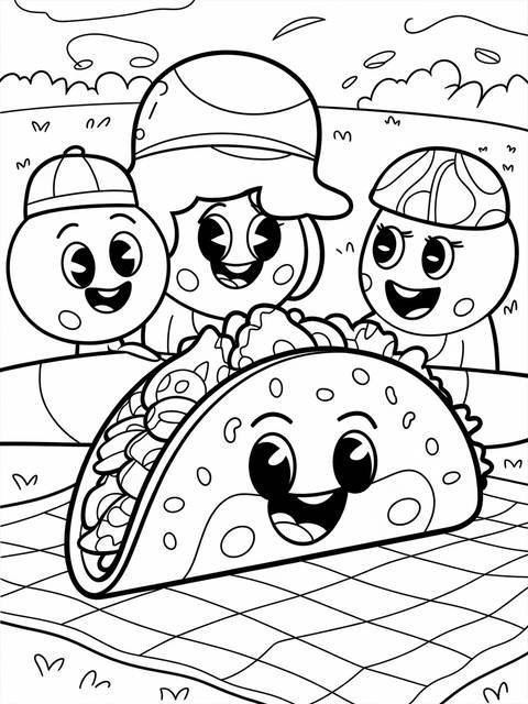 Coloring page depicting a smiling taco and three cartoon characters