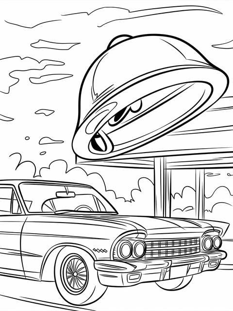 Line art of a vintage car and a taco bell-like bell-shaped object