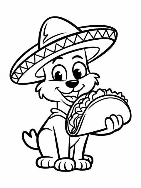 A whimsical taco bell dog wearing a sombrero, holding a taco