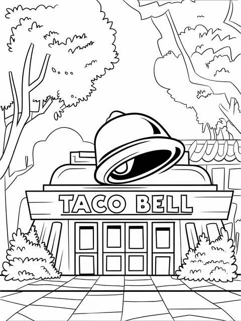 Line art image of the taco bell building with a large bell on top