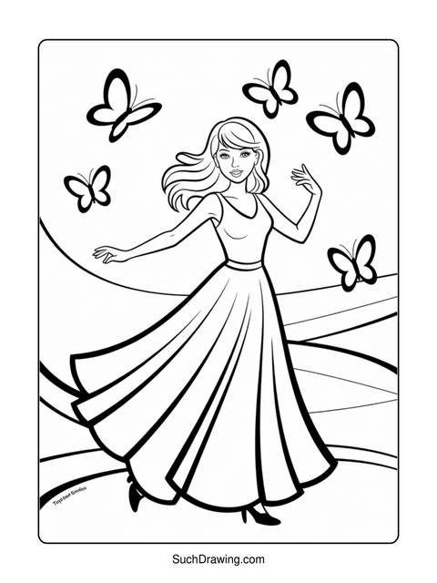 A woman in a dress surrounded by butterflies, a coloring page