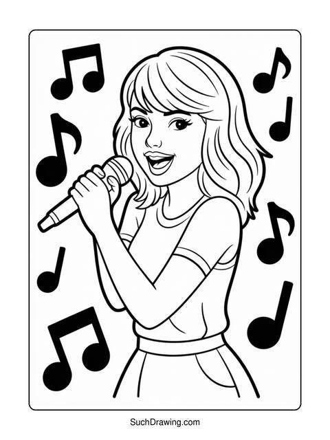 A coloring page of a girl singing into a microphone with musical notes