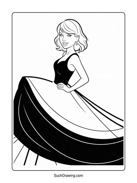 Line drawing of a woman in a dress, ready for coloring