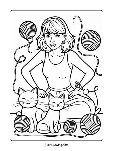 Coloring page of a woman with two cats and yarn balls