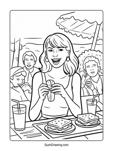 Black and white illustration of a woman eating a sandwich with friends