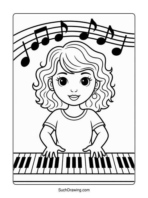 A young girl playing a piano with musical notes above her head