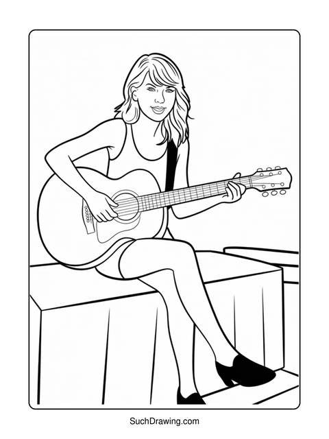 Line drawing of a woman playing an acoustic guitar while seated