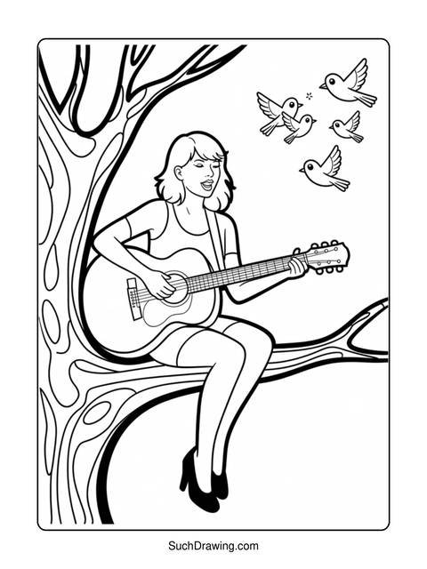 A woman playing guitar while sitting on a tree branch with birds