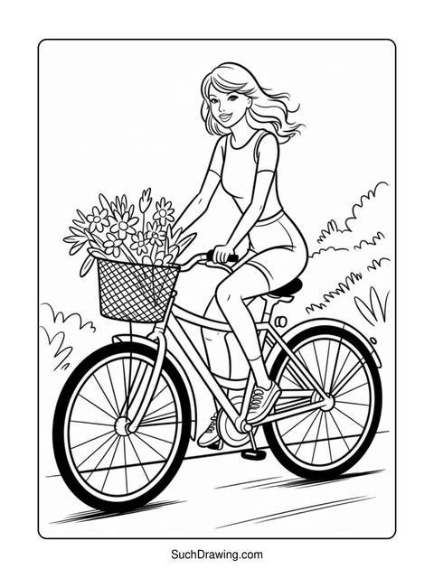 Line art of a woman riding a bicycle with a basket of flowers