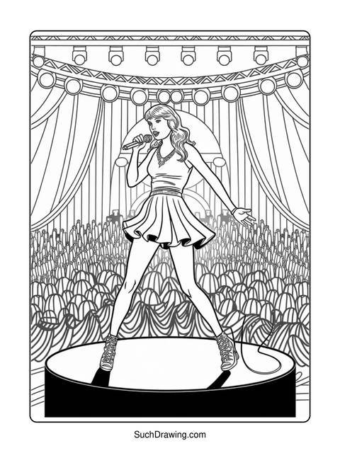 Line drawing of a woman singing on stage with a microphone