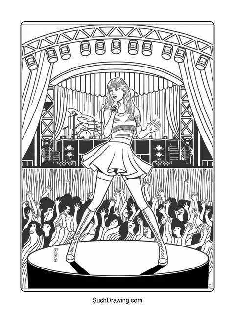 A singer performing on stage in front of a crowd, coloring page