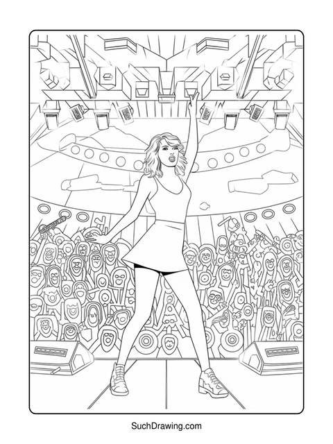 Line art of a woman singing on stage with a crowd
