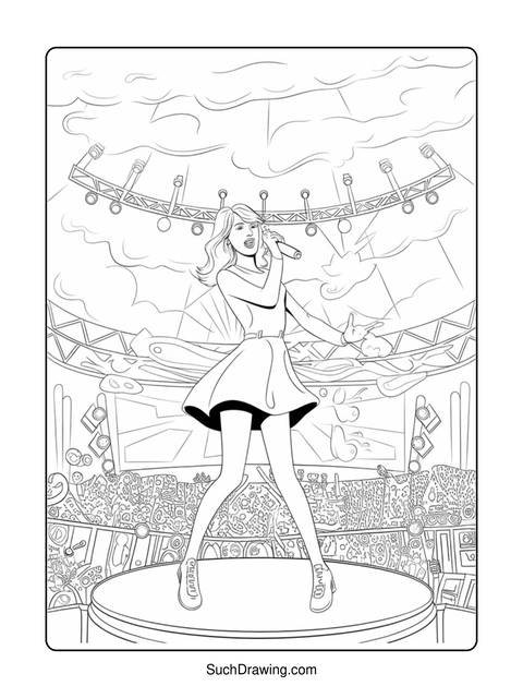 Line art of a female singer on stage, holding a microphone and singing