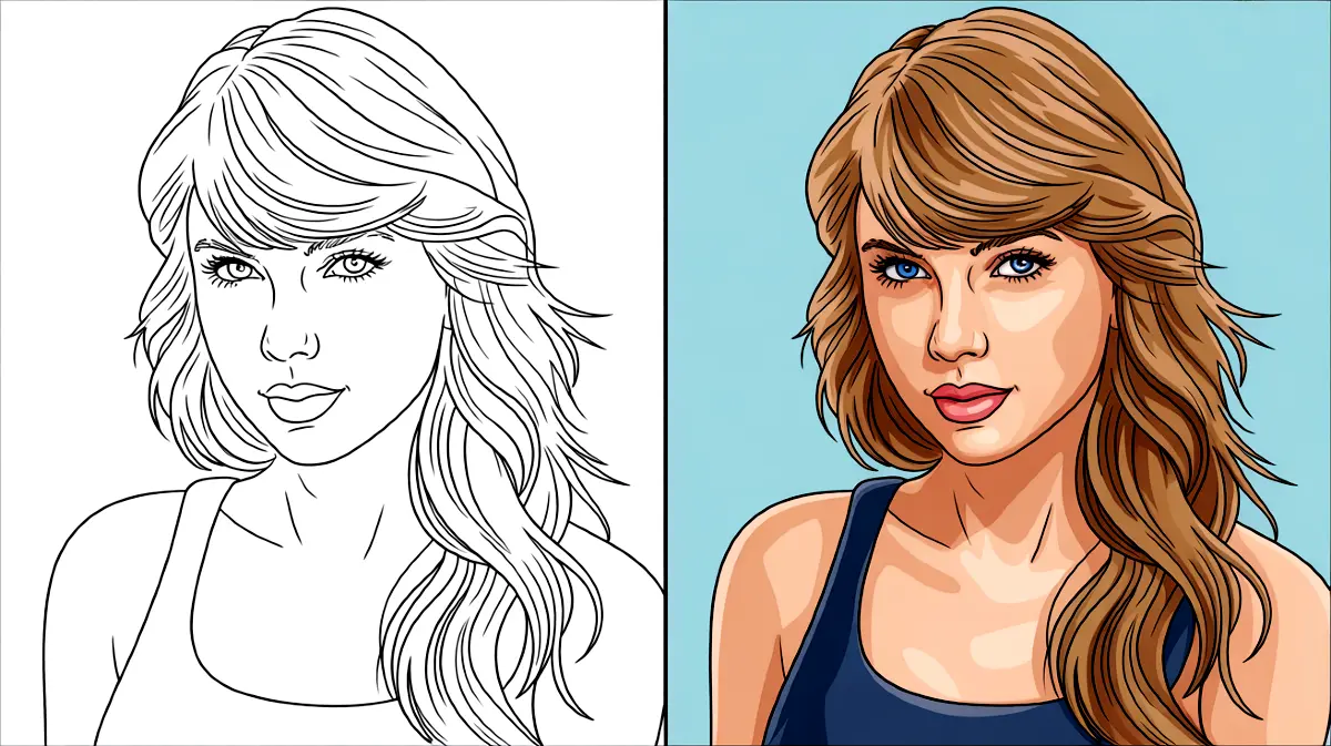 Taylor swift coloring page: portrait with blue eyes and flowing hair