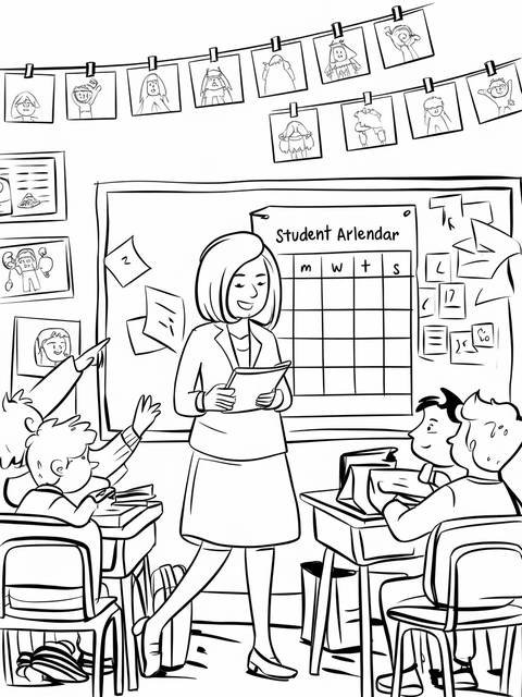 Teacher in a classroom with students; the walls are decorated with drawings