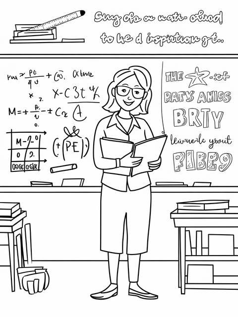 A friendly teacher standing in front of a chalkboard, holding books, a coloring page