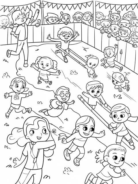 Black and white coloring page depicts a fun school game day with children