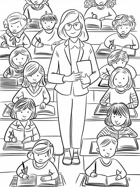 Teacher with diverse students in a classroom, as depicted in the coloring page