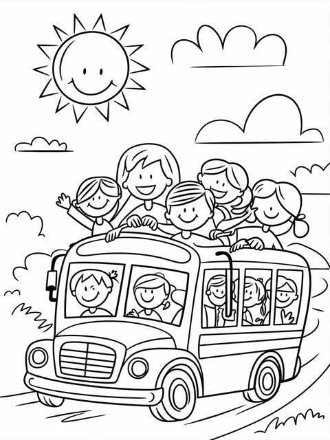 A coloring page of a school bus filled with smiling children and a teacher