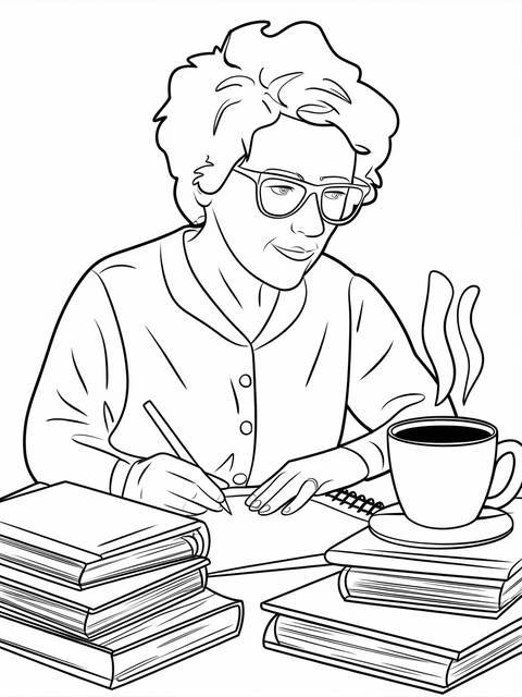 Line drawing of a teacher grading papers, surrounded by books and coffee
