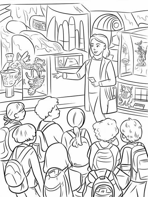 Teacher guiding students, possibly on a tour, in a museum or educational setting