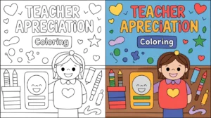 Teacher appreciation coloring page featuring a smiling teacher and crayons
