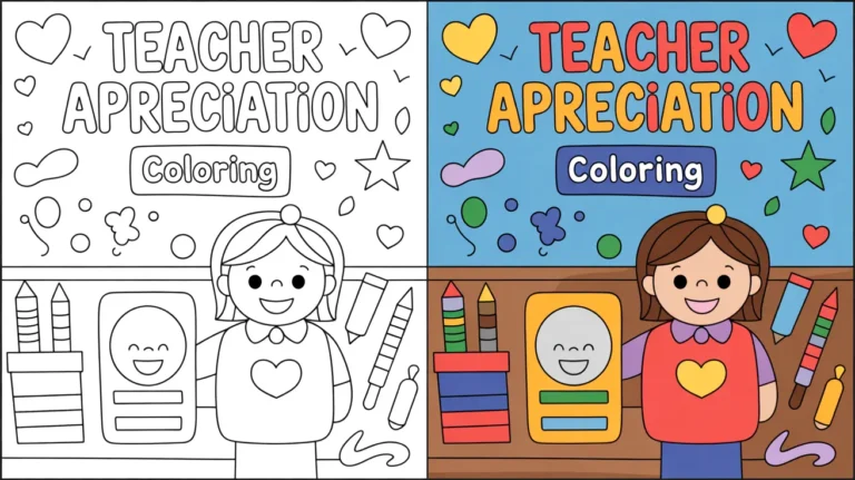 Teacher appreciation coloring page featuring a smiling teacher and crayons