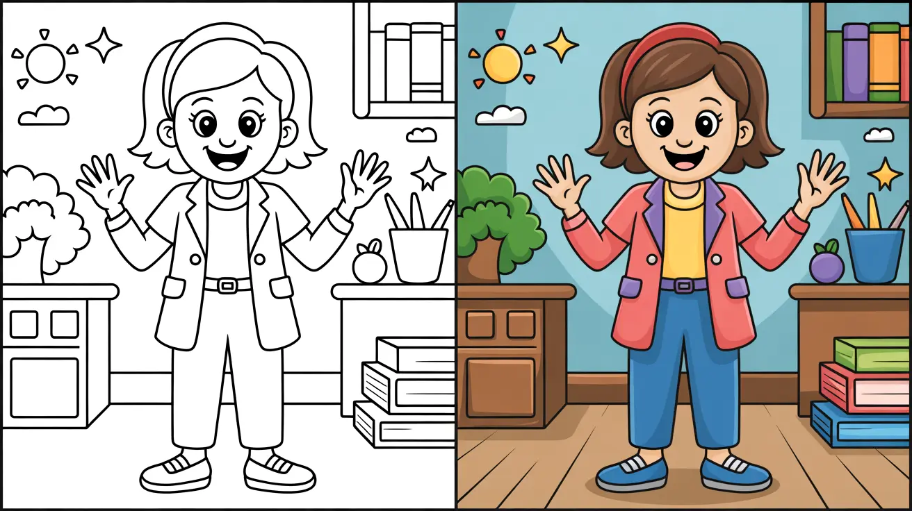 A teacher coloring page: a cheerful woman in a classroom setting, arms raised