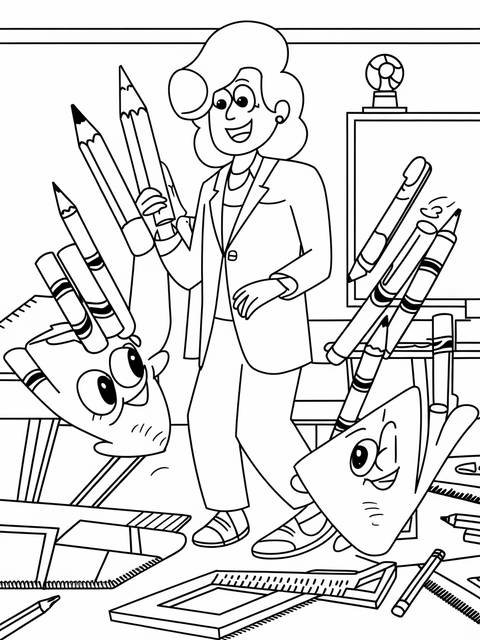A teacher with playful school supplies like pencils and pens, ready for class