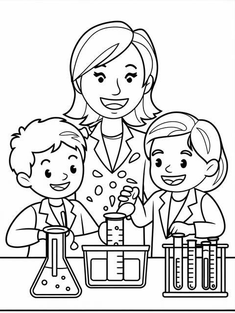 Teacher and two students working on a science experiment with beakers and test tubes