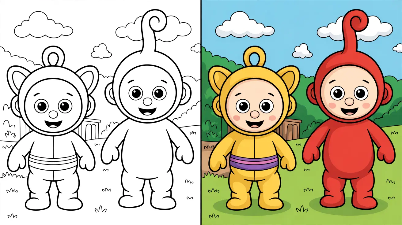 Teletubbies coloring page: two panels showing the characters, one colored