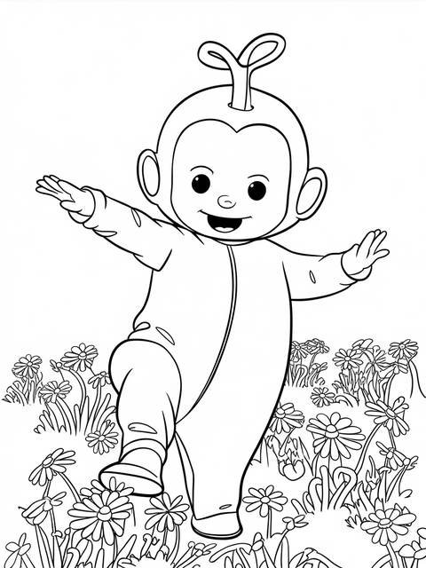 Line art of dipsy, the green teletubby, standing in a field of flowers