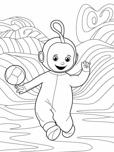 Line art of laa-laa, the yellow teletubby, holding a ball and smiling