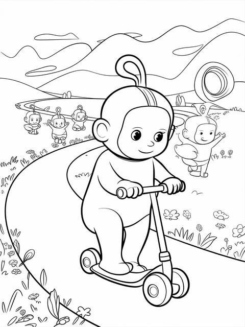 Po, the smallest teletubby, riding a scooter on a path, with other teletubbies