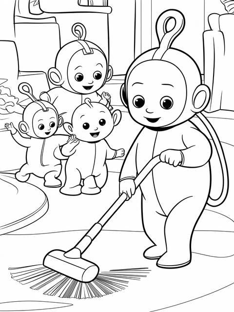 Teletubbies coloring page: the noo noo vacuuming with the teletubbies characters nearby