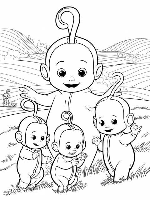 Line art of the teletubbies with the sun baby smiling in a field